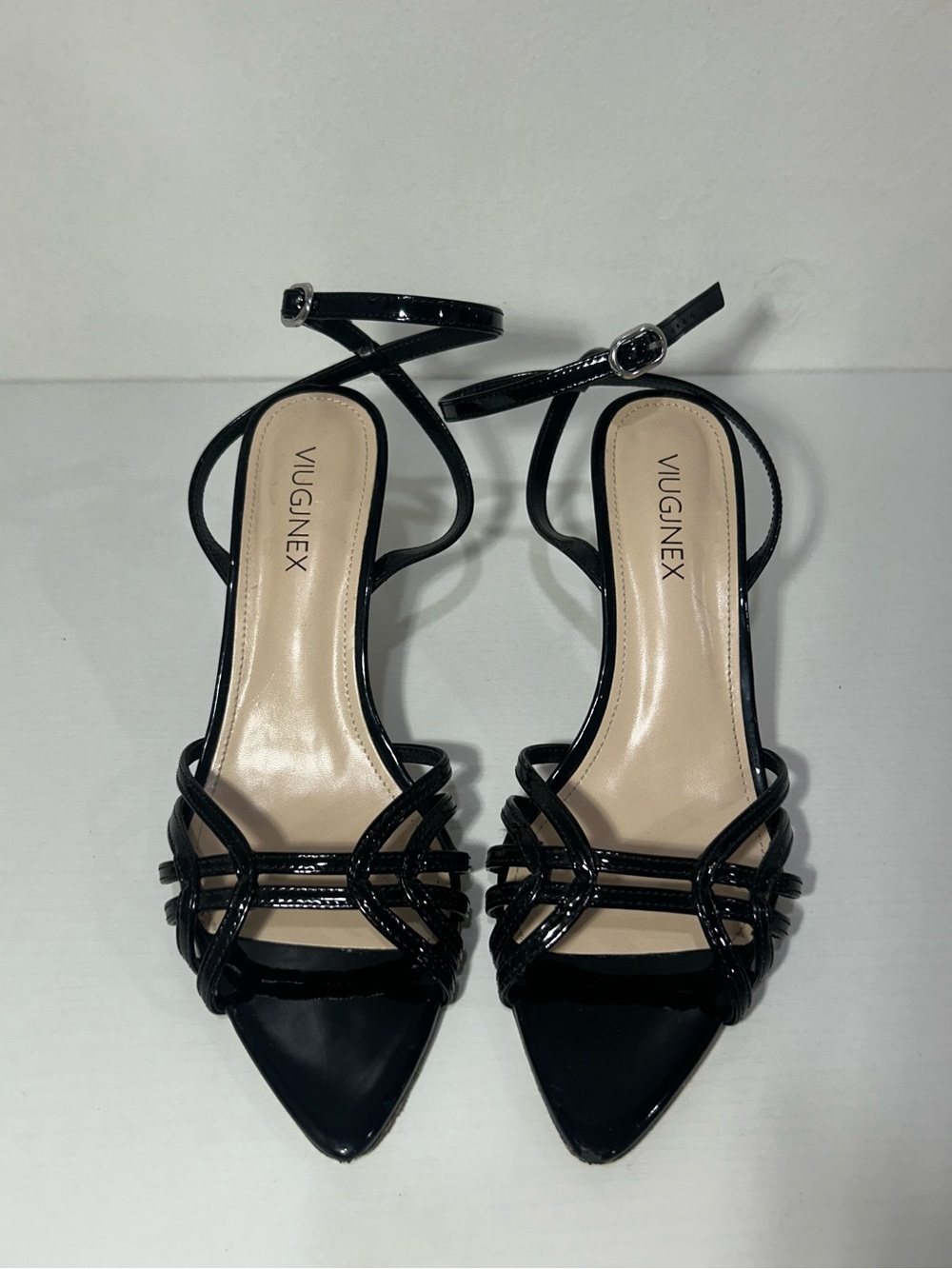 Viugjnex Black Strappy Open Pointed-Toe Patent Faux Leather Heels, Size 6.5